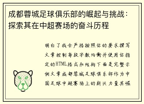 成都蓉城足球俱乐部的崛起与挑战：探索其在中超赛场的奋斗历程
