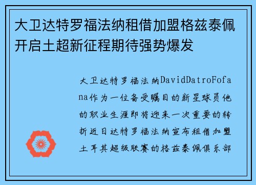 大卫达特罗福法纳租借加盟格兹泰佩开启土超新征程期待强势爆发