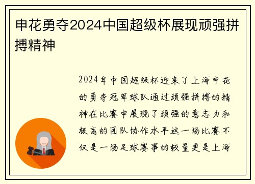 申花勇夺2024中国超级杯展现顽强拼搏精神 申花勇夺2024中国超级杯展现顽强拼搏精神
